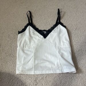 Women's White and Black Lace Trim Top